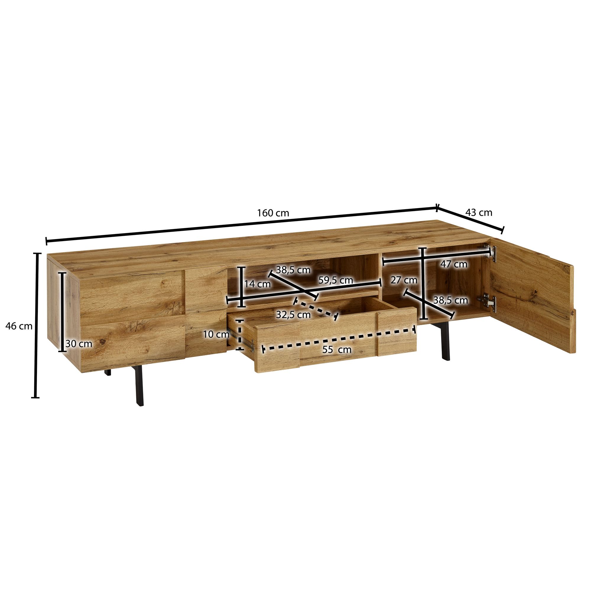 TV-Board Kommode 160cm MDF Eiche Dekor Design Lowboard mit 2 Türen & Schublade Fernsehschrank – Ansicht 3