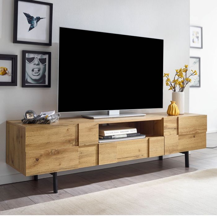 FineBuy Lowboard Holz Eiche-Dekor 160x46x43 cm TV-Kommode mit zwei Türen, Design TV-Schrank Hoch, Fernsehtisch Fernsehschrank Modern, Fernsehkommode Wohnzimmer 4251757708589