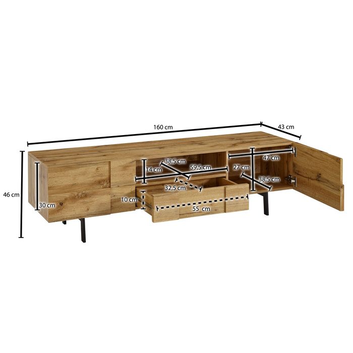 TV-Board Kommode 160cm MDF Eiche Dekor Design Lowboard mit 2 Türen & Schublade Fernsehschrank – Maßzeichnung
