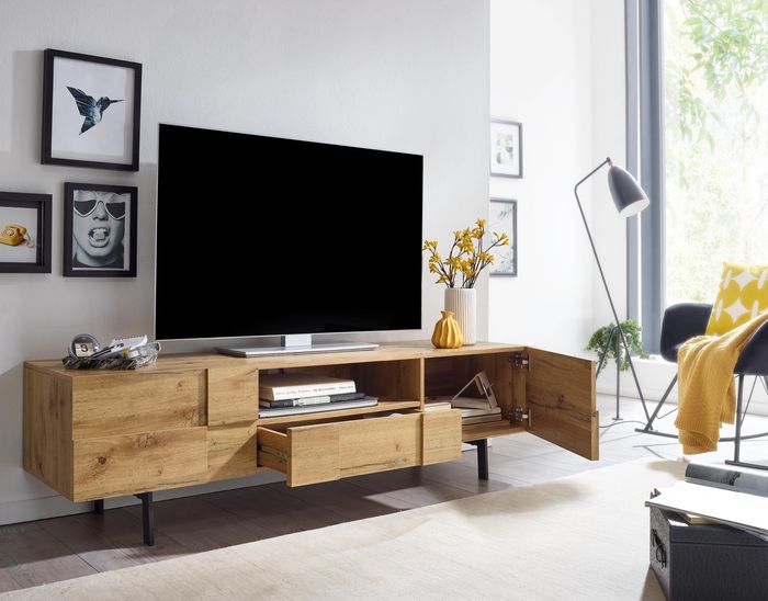 FineBuy Lowboard Holz Eiche-Dekor 160x46x43 cm TV-Kommode mit zwei Türen, Design TV-Schrank Hoch, Fernsehtisch Fernsehschrank Modern, Fernsehkommode Wohnzimmer 4251757708589