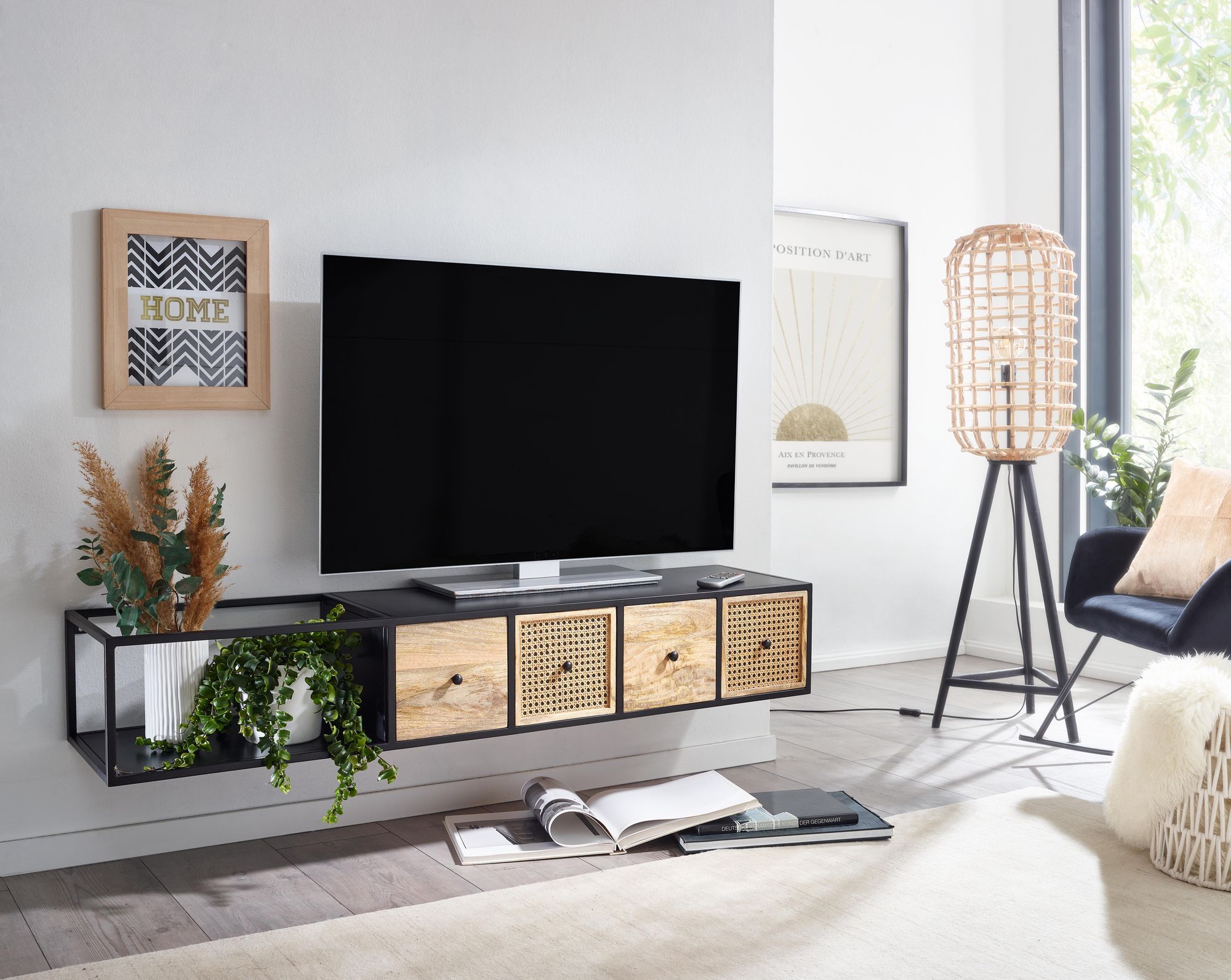 Massive TV-Board Kommode 150cm hängend Mango Massivholz Wiener Geflecht Rattan TV Lowboard – Ansicht 7