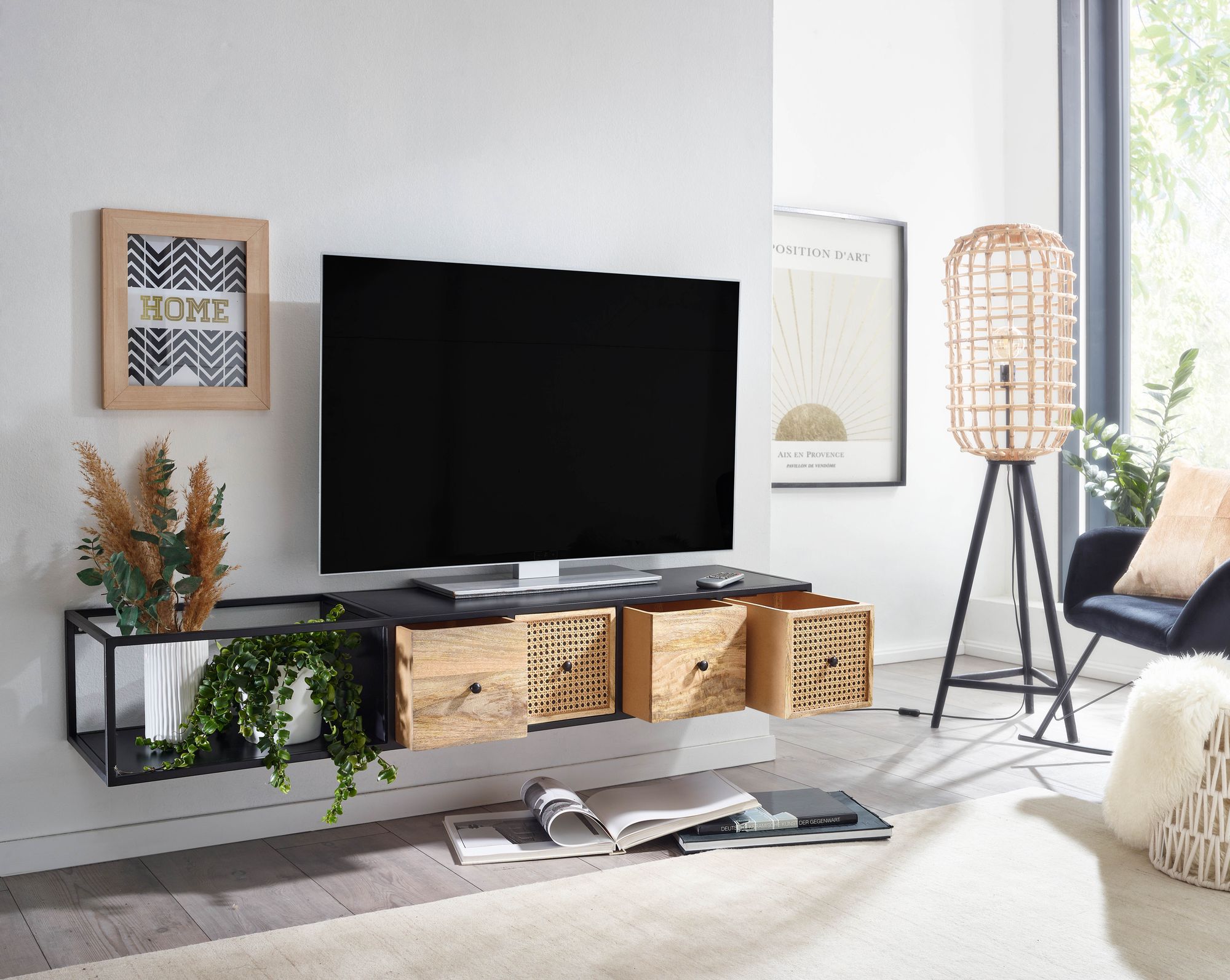 Massive TV-Board Kommode 150cm hängend Mango Massivholz Wiener Geflecht Rattan TV Lowboard – Ansicht 2