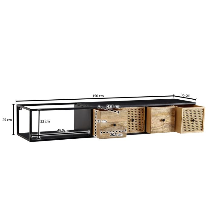 Massive TV-Board Kommode 150cm hängend Mango Massivholz Wiener Geflecht Rattan TV Lowboard – Maßzeichnung