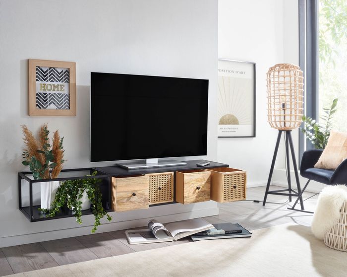 FineBuy Lowboard Hängend Mango Massivholz / Metall 150x25x35 cm TV-Schrank Schwarz, Design Fernsehtisch Wiener Geflecht Modern, Fernsehschrank Wand, TV-Kommode Fernsehkommode zum Aufhängen 4251757708596