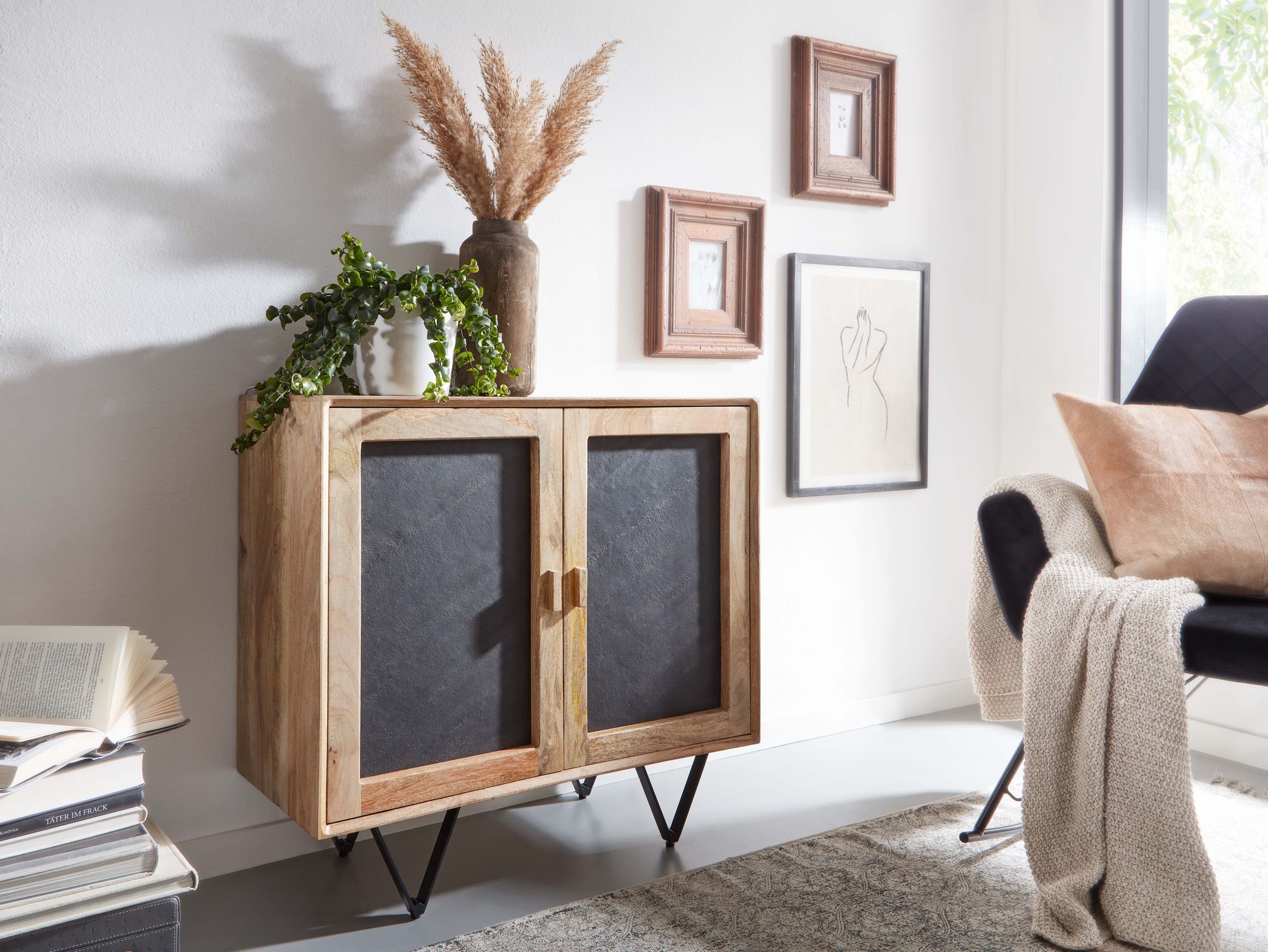 FineBuy Sideboard 80x75x35cm Holz Massiv Stein Kommode Anrichte mit Türen Modern – Ansicht 4