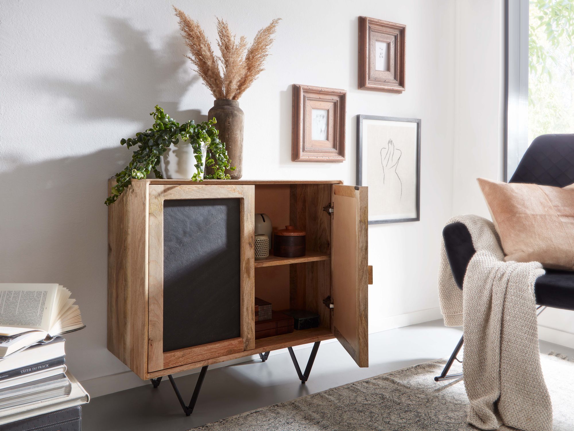 FineBuy Sideboard 80x75x35cm Holz Massiv Stein Kommode Anrichte mit Türen Modern – Ansicht 2