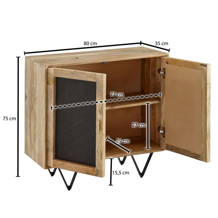 FineBuy Sideboard 80x75x35cm Holz Massiv Stein Kommode Anrichte mit Türen Modern – Maßzeichnung
