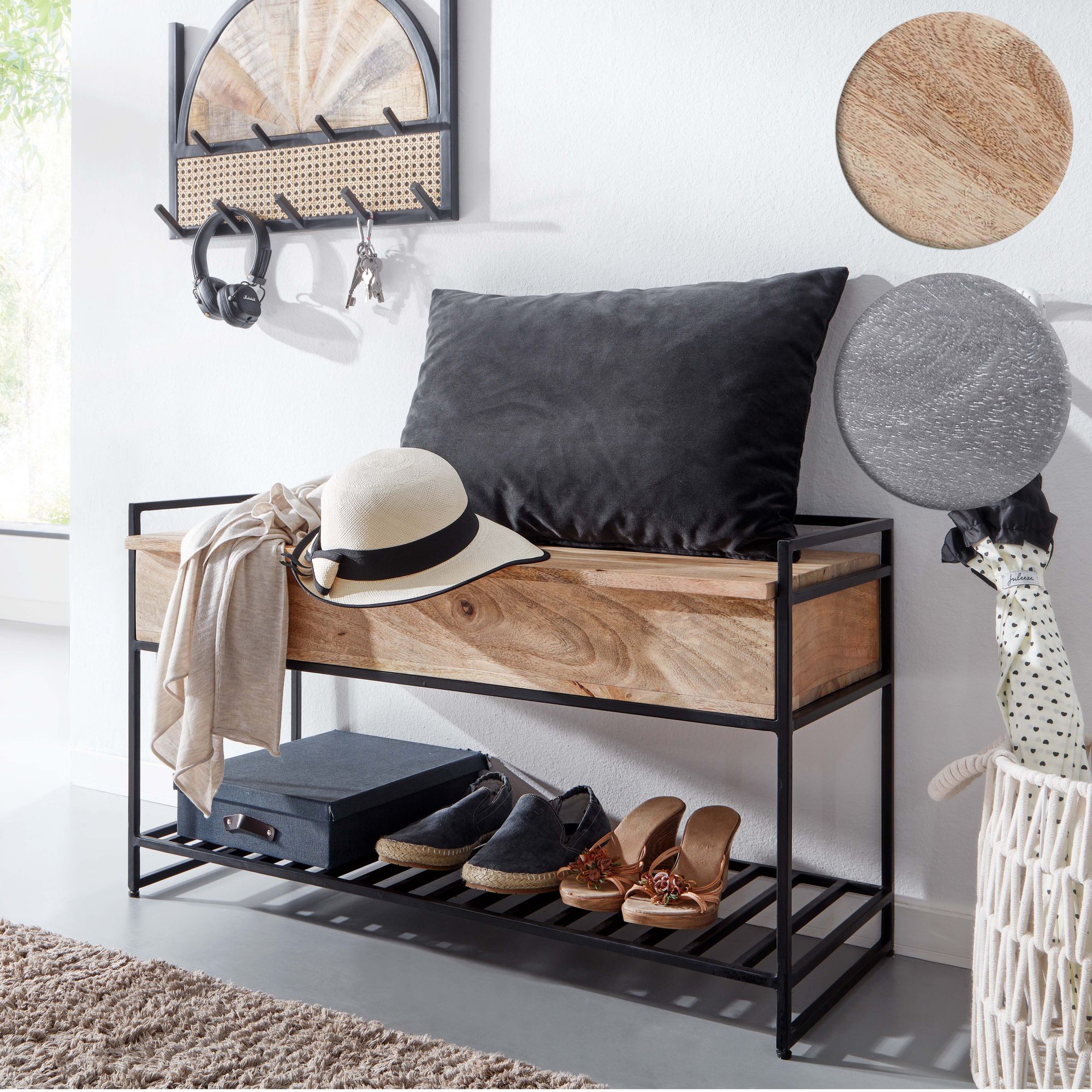 FineBuy Sitzbank mit Stauraum 90 cm Mango Massivholz - Garderobenbank Holz mit Schuhablage - Schuhbank mit Sitzfläche - Flurbank Handmade | Farbe: Schwarz FineBuy Sitzbank mit Stauraum 90 cm Mango Massivholz - Garderobenbank Holz mit Schuhablage - Schuhbank mit Sitzfläche - Flurbank Handmade | Farbe: Schwarz