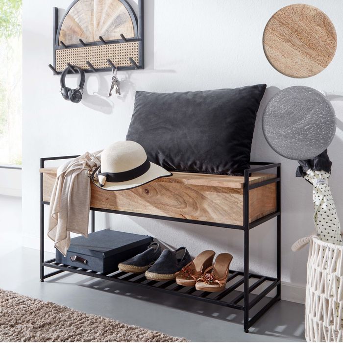 FineBuy Sitzbank mit Stauraum 90x52x38 cm Mango Massivholz / Metall Flurbank, Schuhbank mit Sitzfläche Klein, Schmale Garderobenbank mit Schuhregal