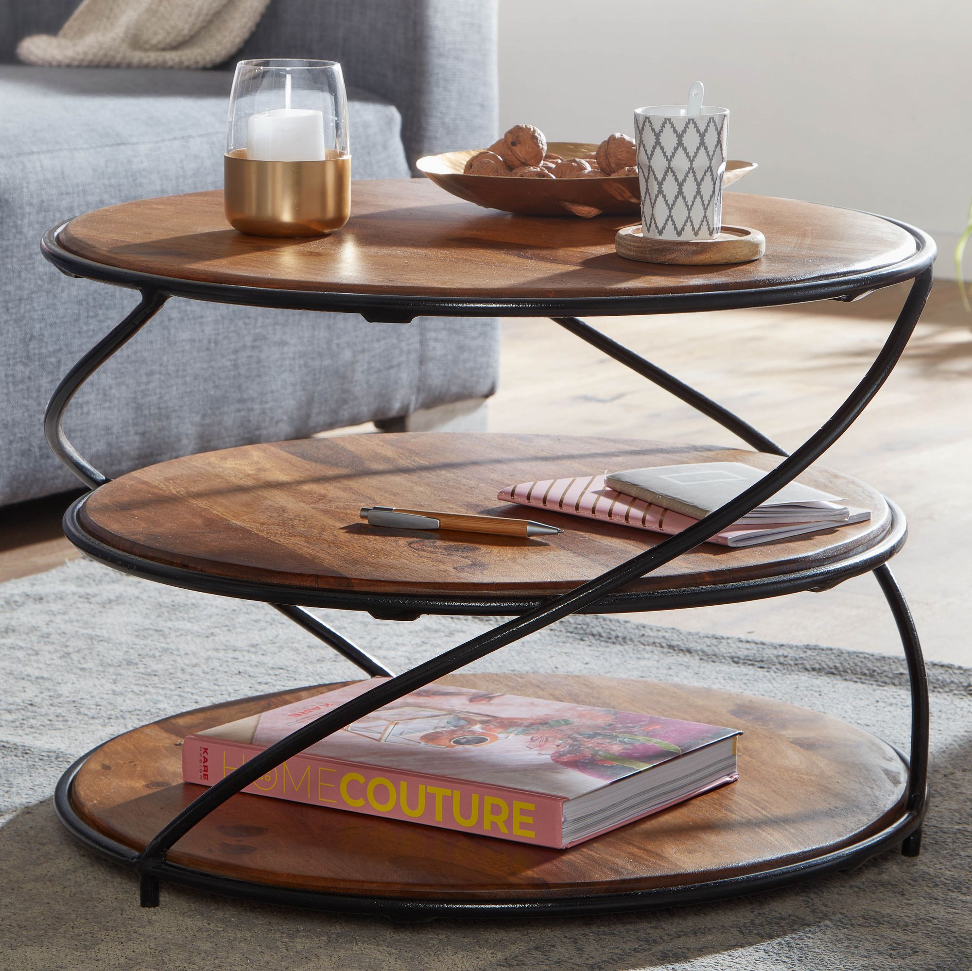 FineBuy Couchtisch Sheesham Massivholz Ø58 cm Ablagen Industrial Wohnzimmertisch – Ansicht 1