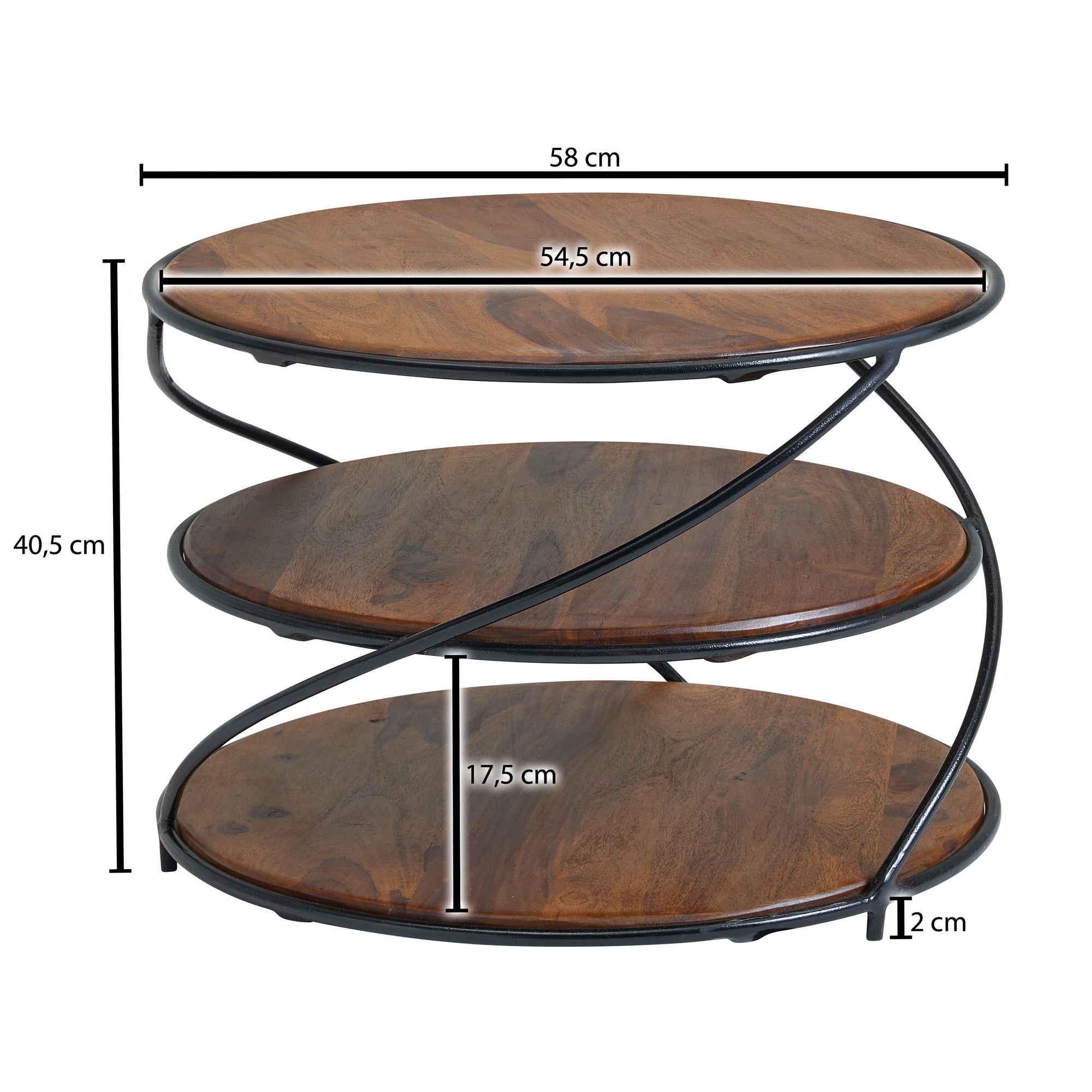 FineBuy Couchtisch Sheesham Massivholz Ø58 cm Ablagen Industrial Wohnzimmertisch – Ansicht 3