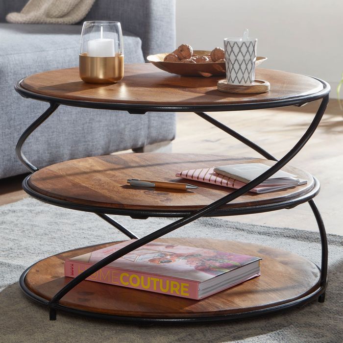 FineBuy Couchtisch 58x58x40,5 cm Sheesham Massivholz / Metall mit Stauraum, Wohnzimmertisch Kaffeetisch Massiv, Kleiner Tisch Beistelltisch Wohnzimmer Modern, Sofatisch Rund 4251757709227
