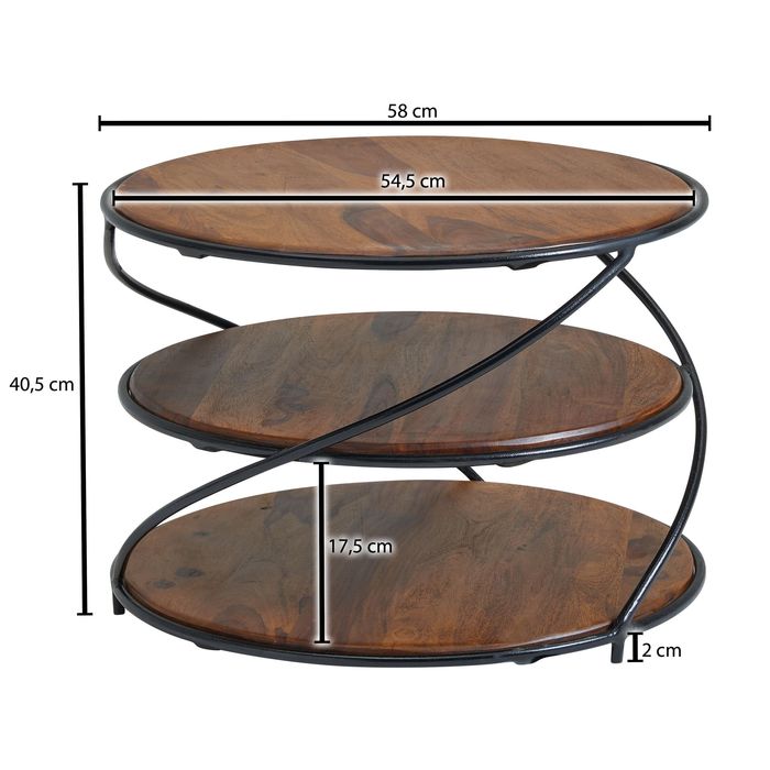 FineBuy Couchtisch Sheesham Massivholz Ø58 cm Ablagen Industrial Wohnzimmertisch – Maßzeichnung