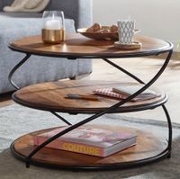 FineBuy Couchtisch Sheesham Massivholz Ø58 cm Ablagen Industrial Wohnzimmertisch – Ansicht 1