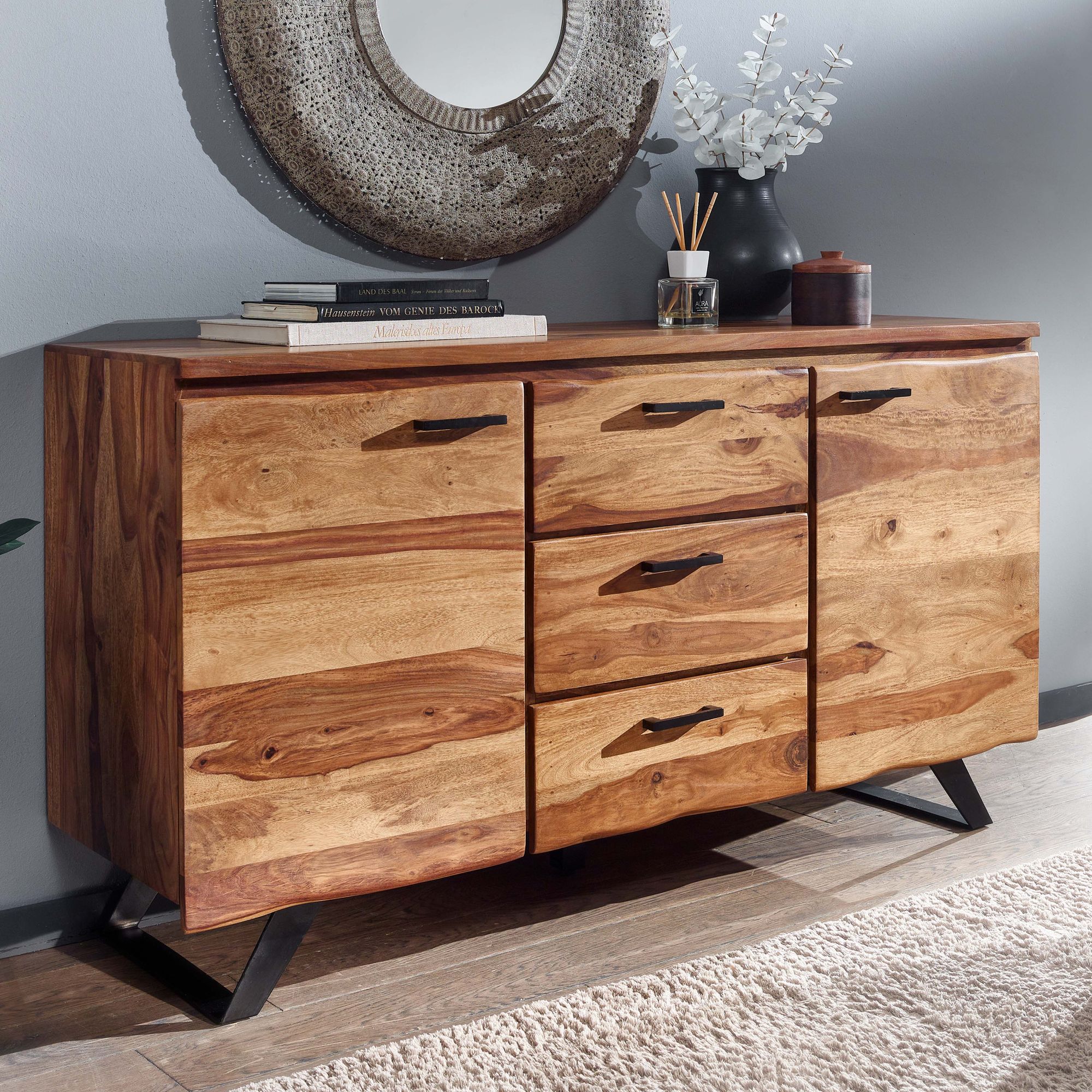 Massivholz Sideboard 145cm Sheesham Design Kommode mit 2 Türen & 3 Schubladen Baumkante – Ansicht 1