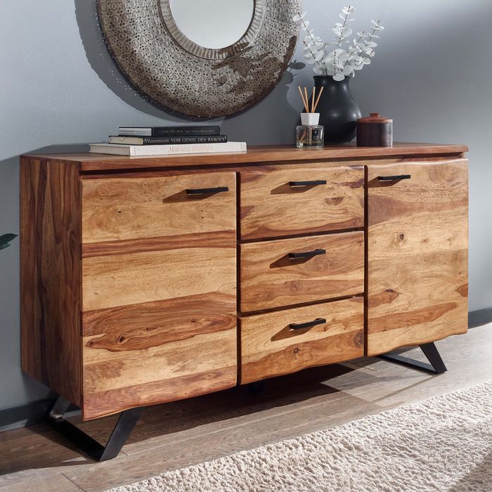 FineBuy Sideboard 145x82x45 cm Sheesham Massivholz / Metall mit Baumkante, Kommode mit Schubladen, Anrichte Schubladenschrank Modern 4251757710285