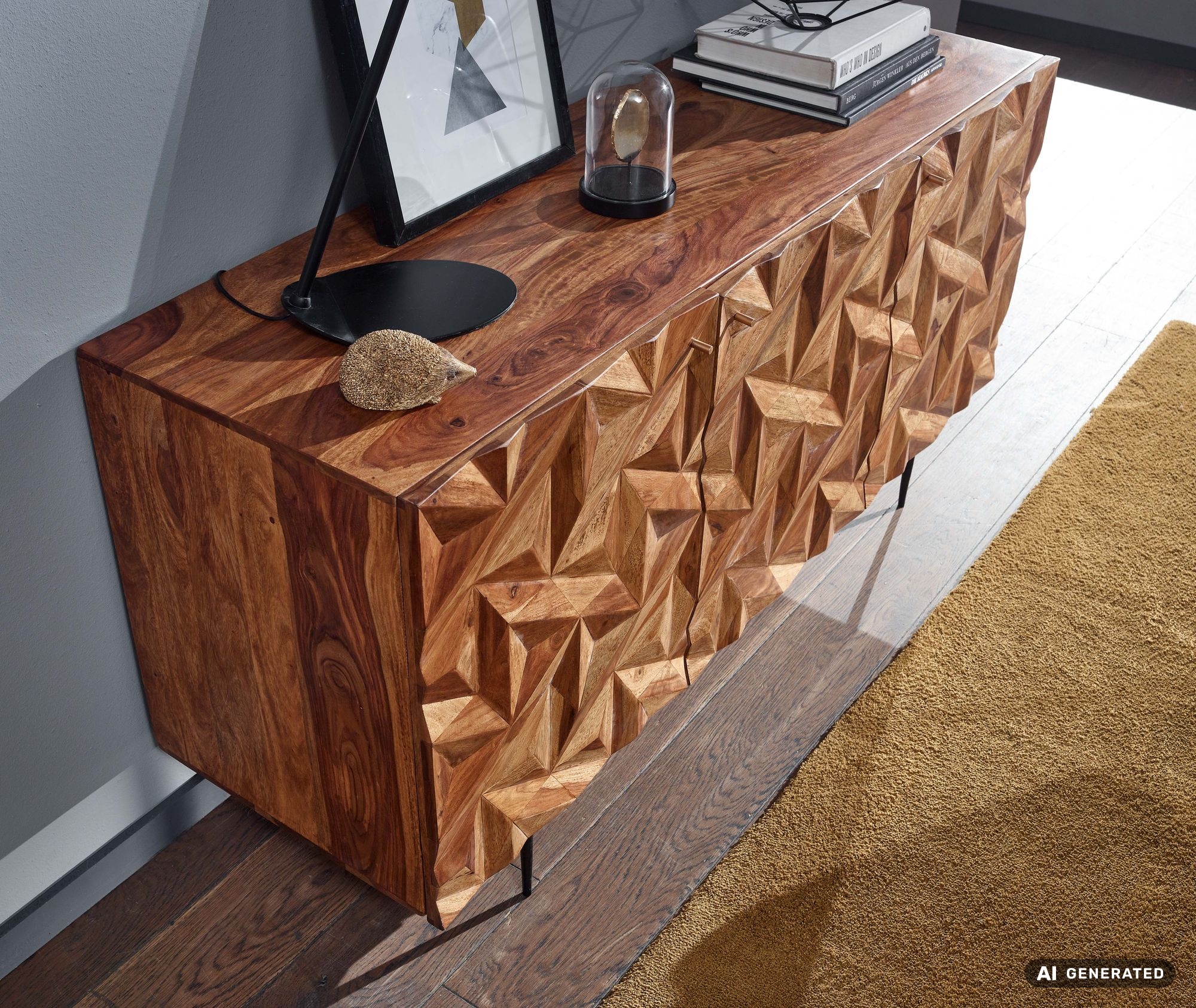 Massivholz Sideboard 145cm Sheesham Kommode mit 3 Türen Retro 3D Design Metall schwarz – Ansicht 7