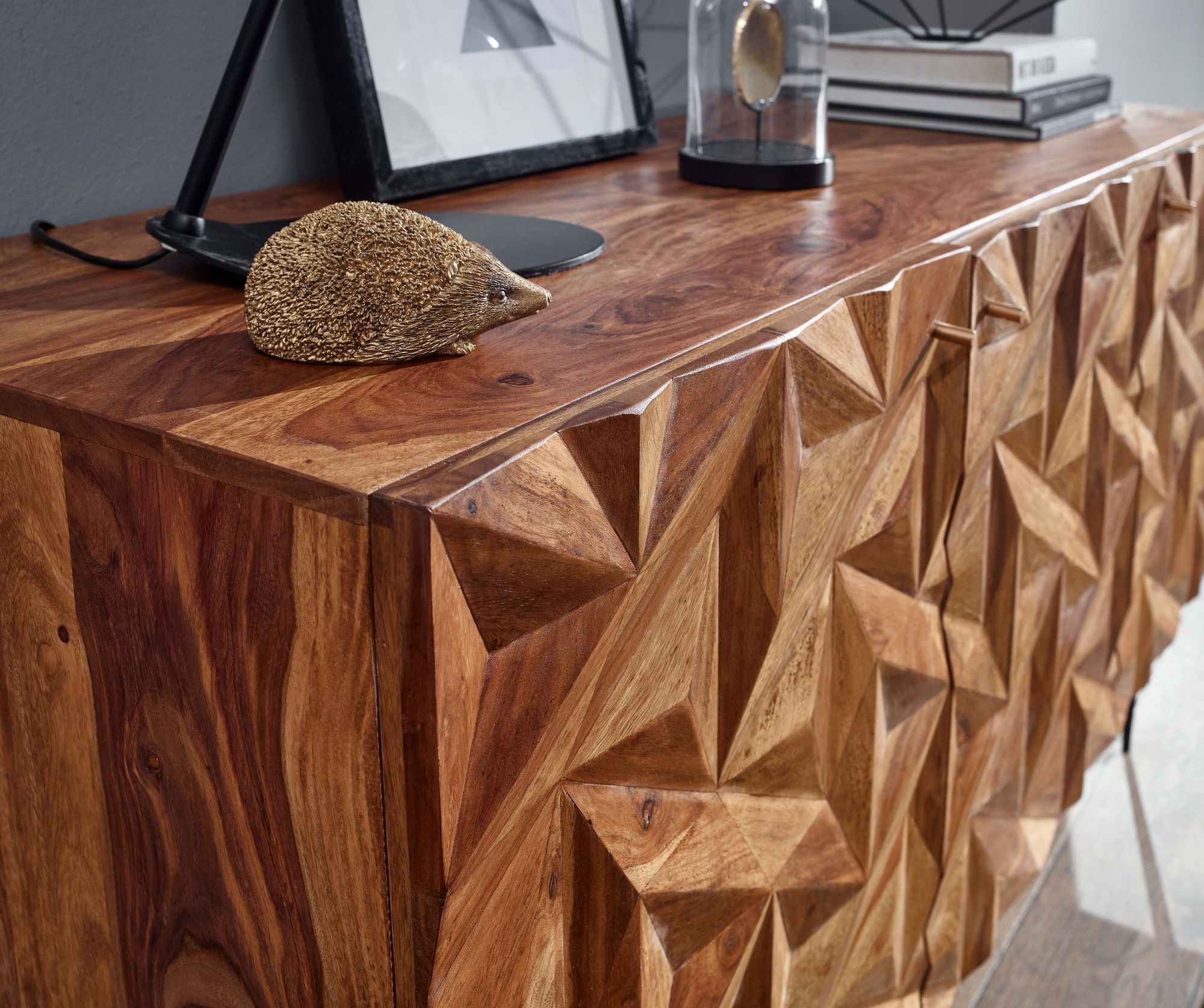 Massivholz Sideboard 145cm Sheesham Kommode mit 3 Türen Retro 3D Design Metall schwarz – Ansicht 5