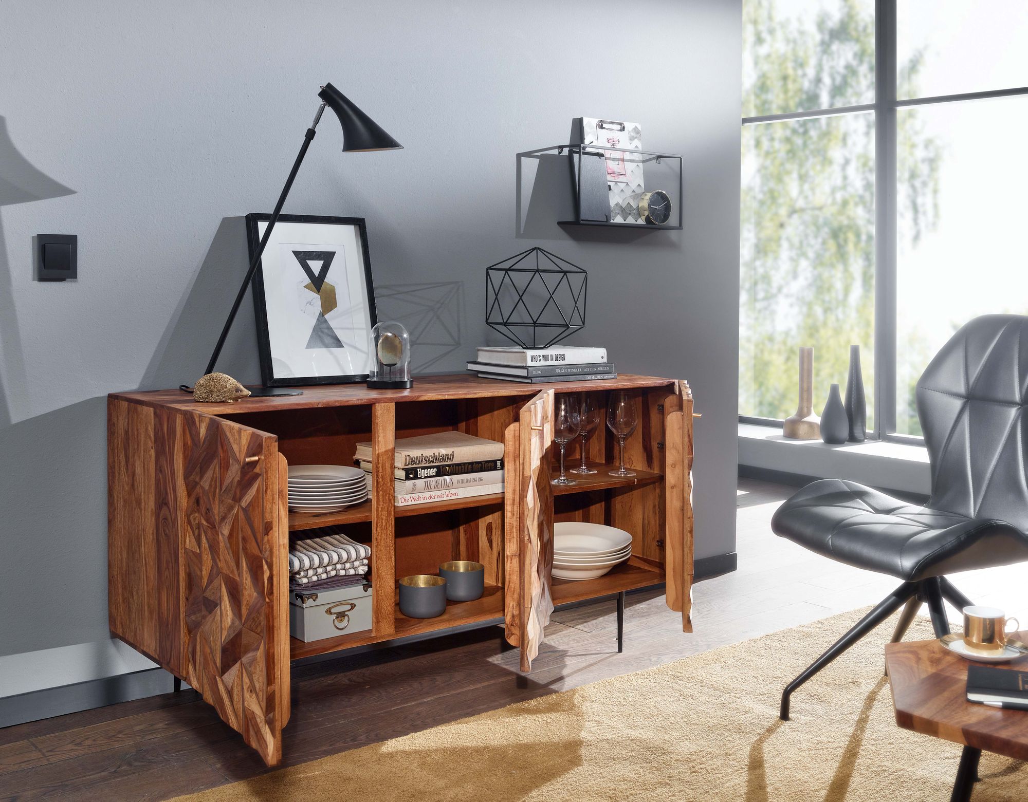 Massivholz Sideboard 145cm Sheesham Kommode mit 3 Türen Retro 3D Design Metall schwarz – Ansicht 2