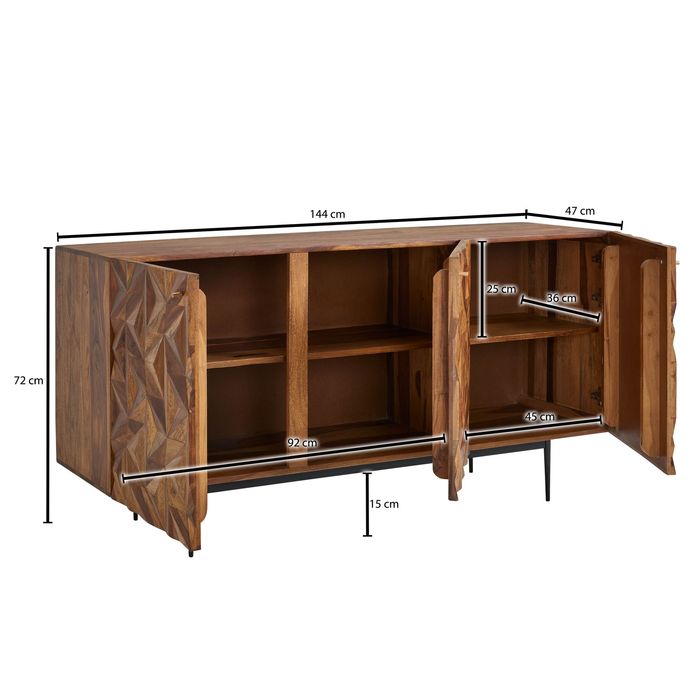 Massivholz Sideboard 145cm Sheesham Kommode mit 3 Türen Retro 3D Design Metall schwarz – Maßzeichnung