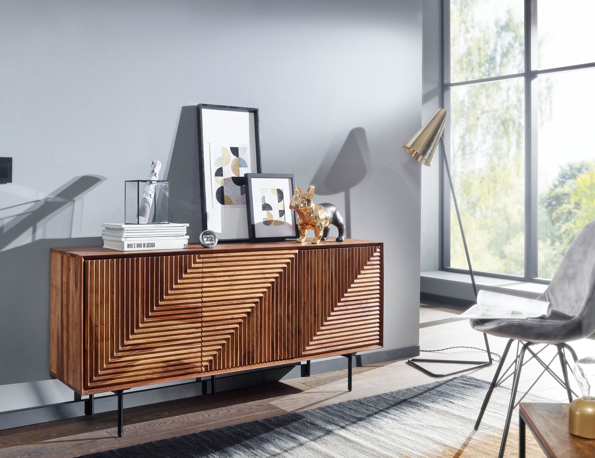 Massivholz Design Sideboard 150cm Sheesham Kommode mit 3 Türen Retro Design Metall schwarz – Ansicht 7