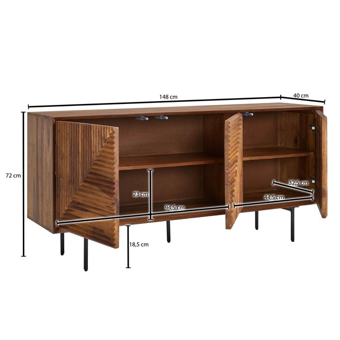 Massivholz Design Sideboard 150cm Sheesham Kommode mit 3 Türen Retro Design Metall schwarz – Maßzeichnung