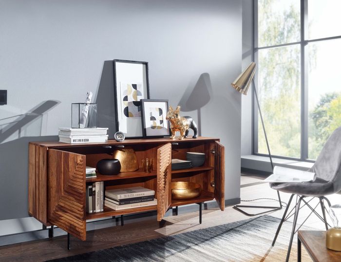 FineBuy Sideboard 148x72x40 cm Sheesham Massivholz / Metall Anrichte, Kommode mit drei Türen, Kommodenschrank Holz Modern, Standschrank Wohnzimmer 4251757710315
