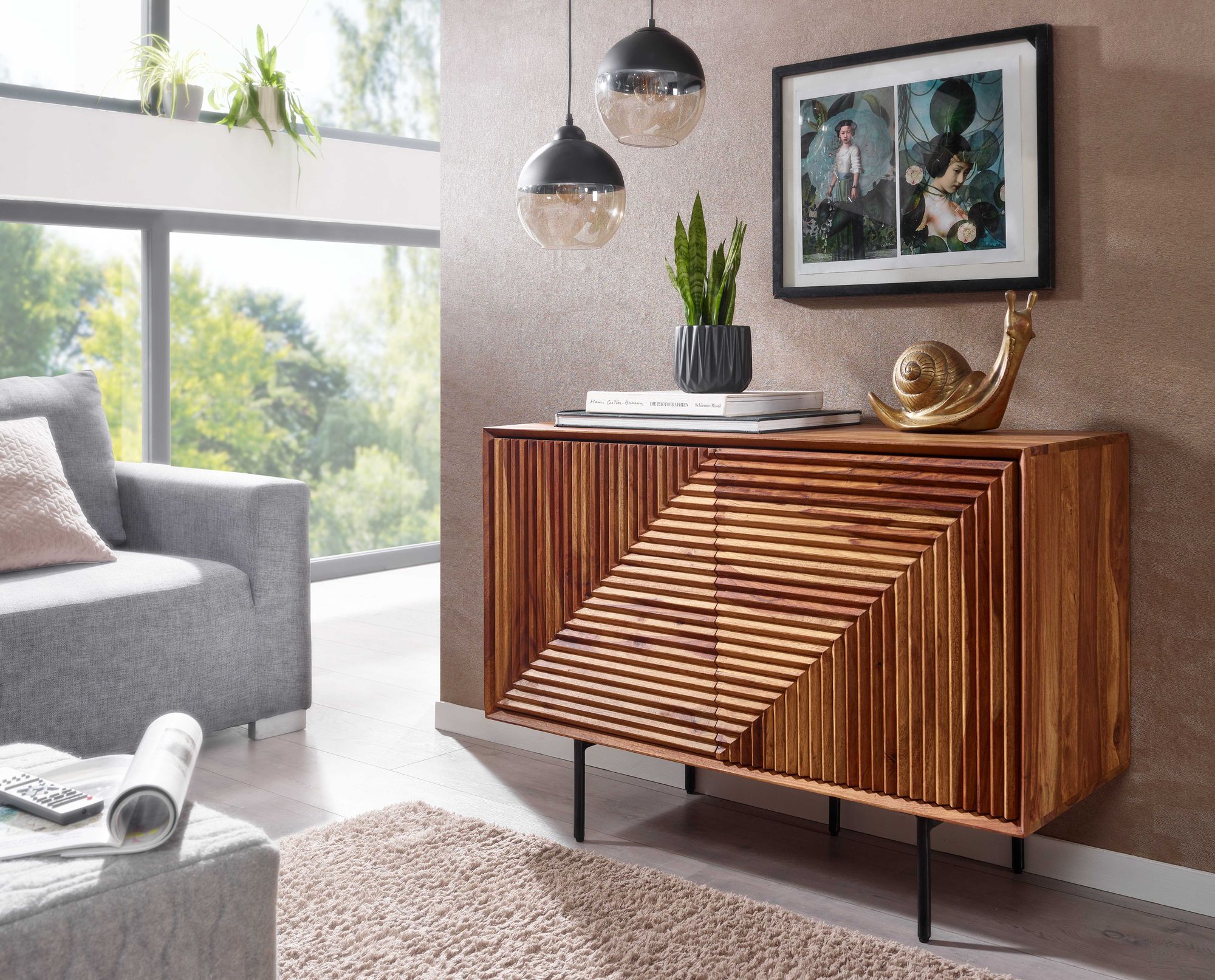 Massivholz Design Sideboard 100cm Sheesham Kommode mit 2 Türen Retro Design Metall schwarz – Ansicht 7