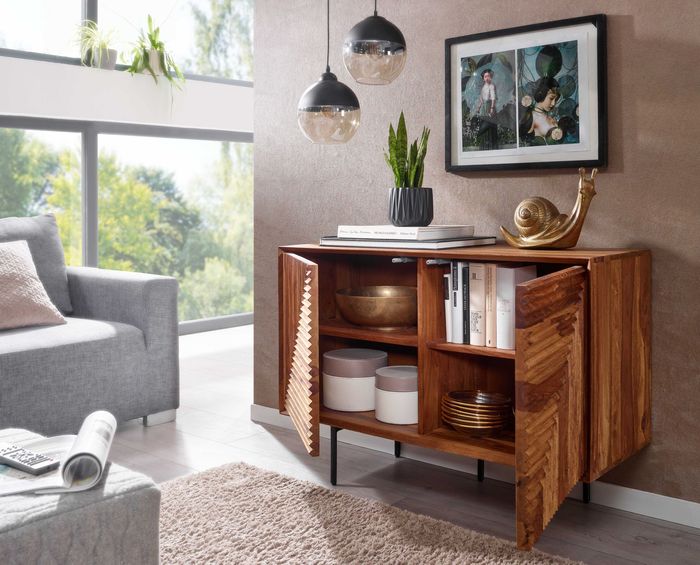 FineBuy Sideboard 100x71x40 cm Sheesham Massivholz / Metall Anrichte, Kommode mit zwei Türen, Kommodenschrank Holz Modern, Standschrank Wohnzimmer 4251757710322
