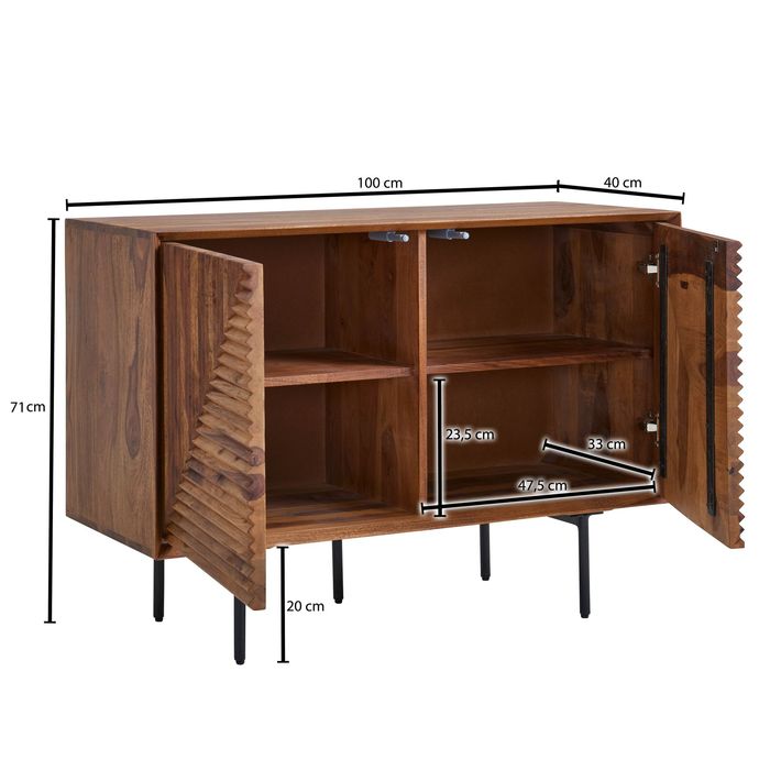 Massivholz Design Sideboard 100cm Sheesham Kommode mit 2 Türen Retro Design Metall schwarz – Maßzeichnung
