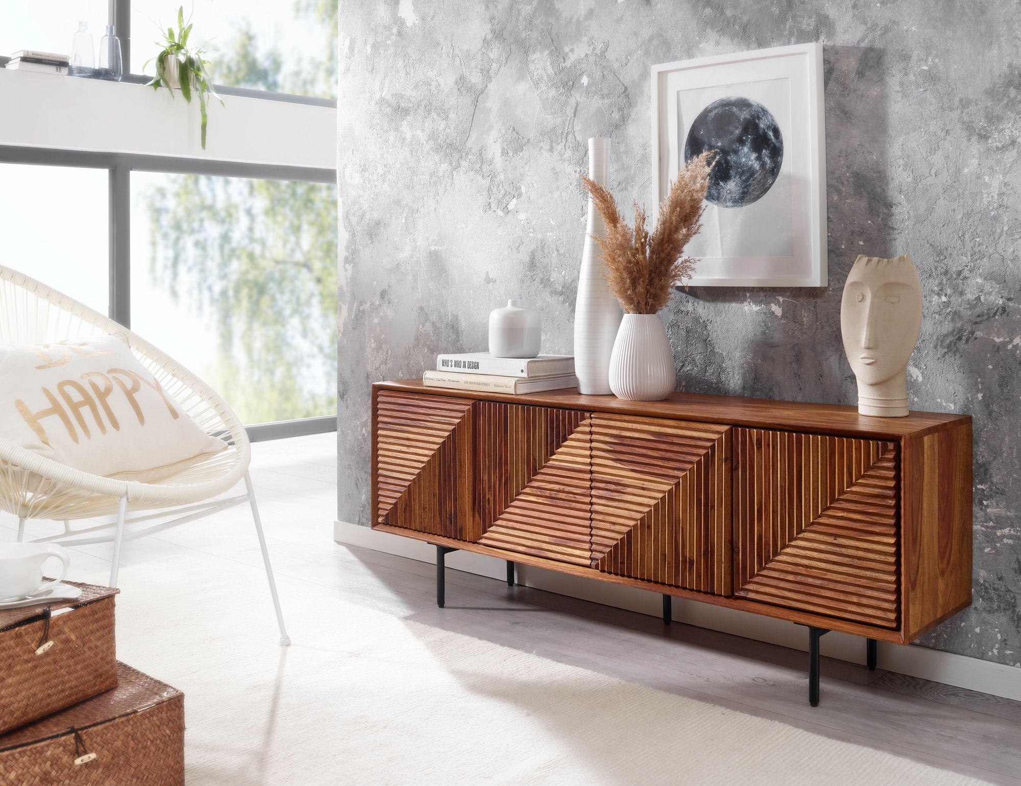 Massive TV-Board Kommode 140cm Sheesham Massivholz 3 Türen Fernsehschrank Lowboard – Ansicht 7