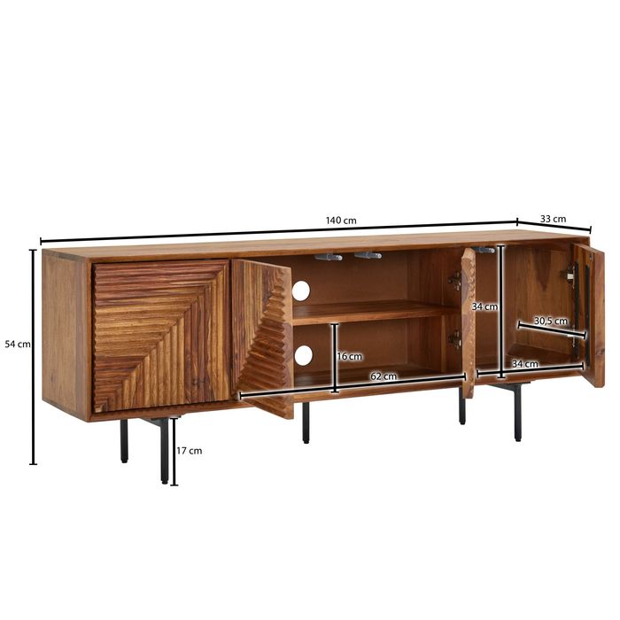 Massive TV-Board Kommode 140cm Sheesham Massivholz 3 Türen Fernsehschrank Lowboard – Maßzeichnung