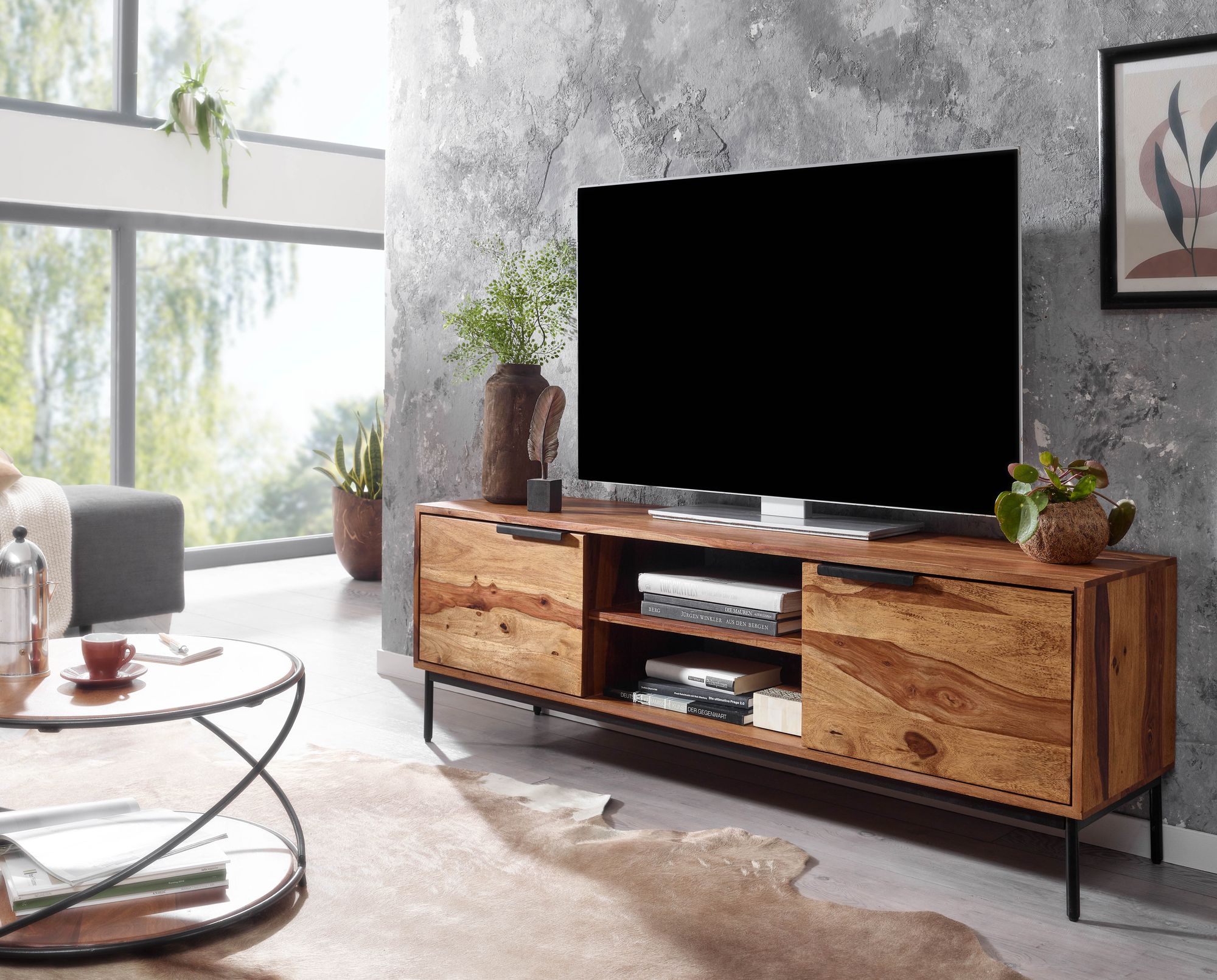 Massive TV-Board Kommode 150cm Sheesham Massivholz Fernsehschrank Lowboard mit 2 Türen – Ansicht 7