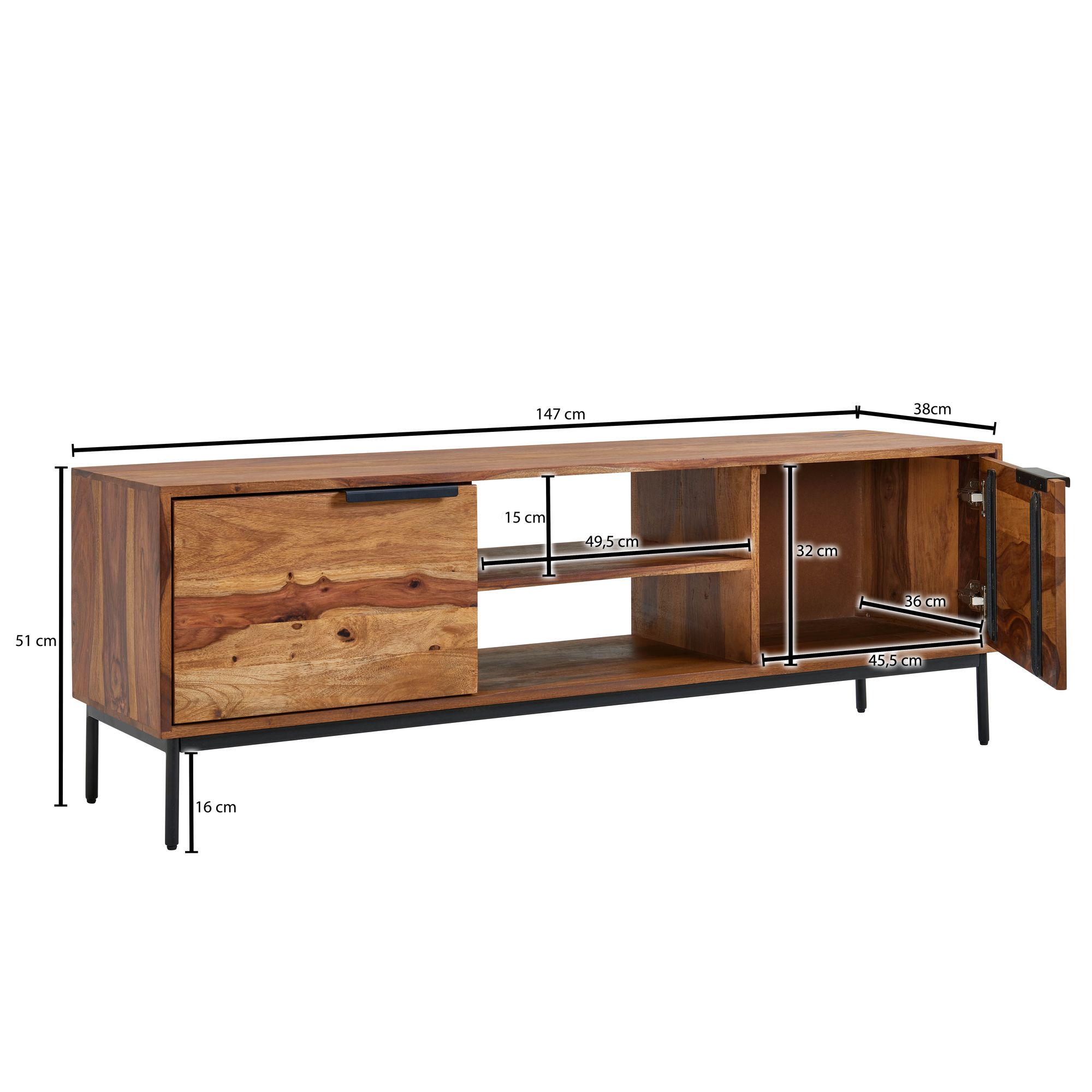 Massive TV-Board Kommode 150cm Sheesham Massivholz Fernsehschrank Lowboard mit 2 Türen – Ansicht 3