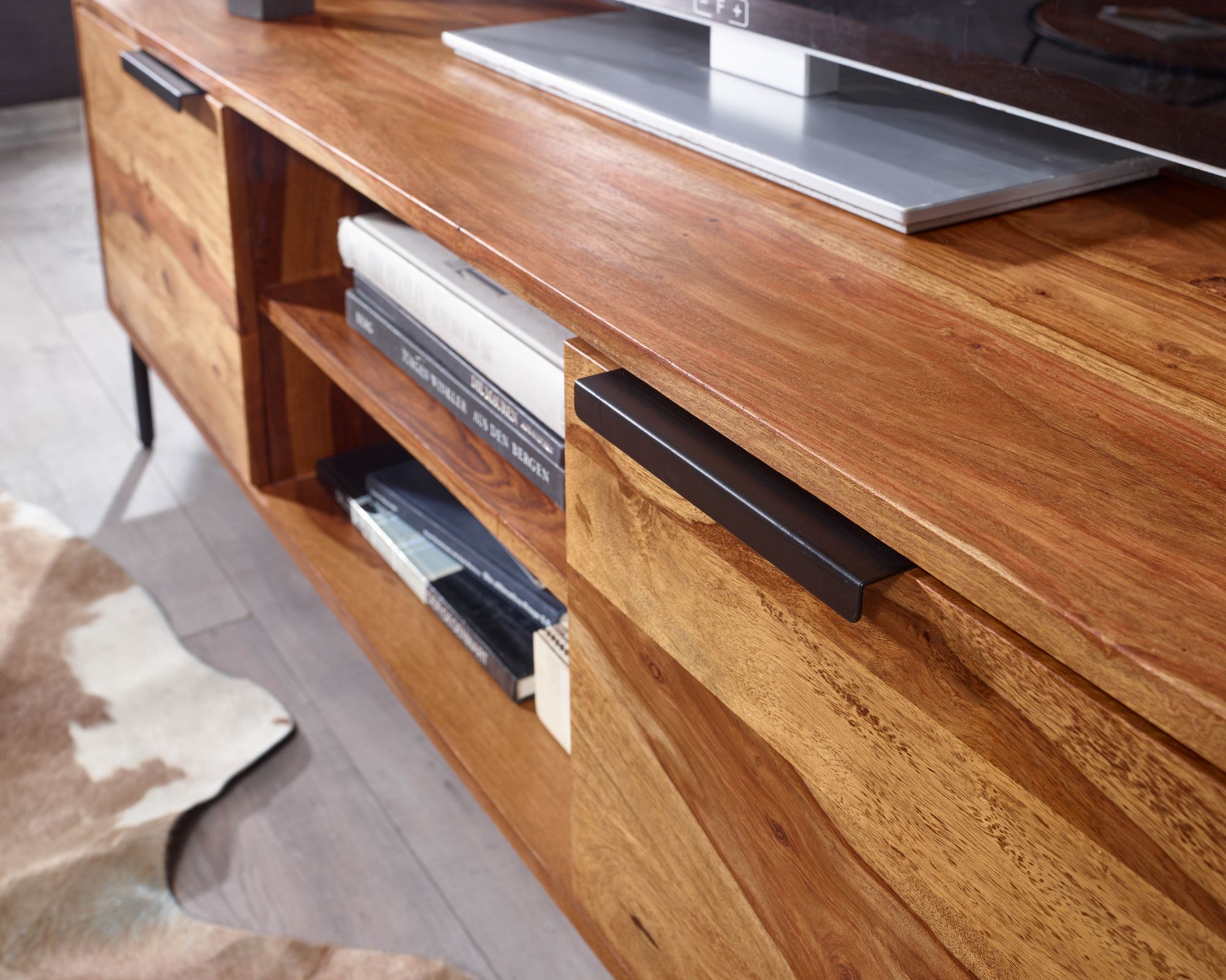 Massive TV-Board Kommode 150cm Sheesham Massivholz Fernsehschrank Lowboard mit 2 Türen – Ansicht 5