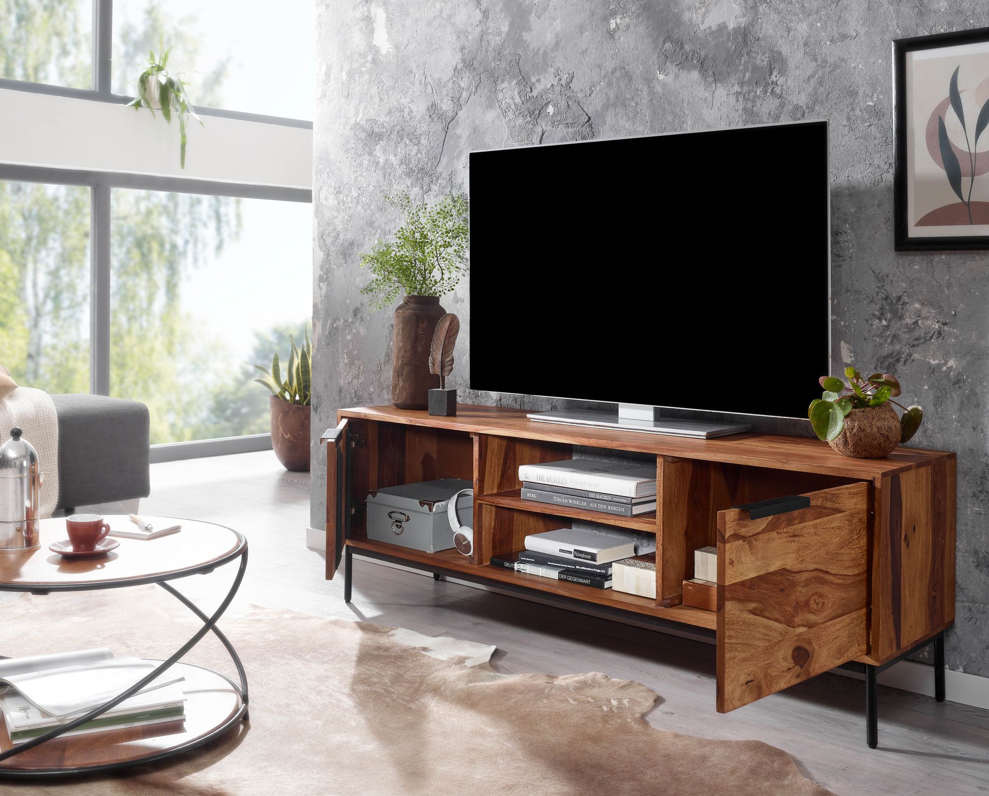Massive TV-Board Kommode 150cm Sheesham Massivholz Fernsehschrank Lowboard mit 2 Türen – Ansicht 2
