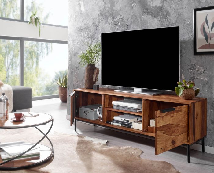 FineBuy Lowboard Sheesham Massivholz 147x51x38 cm TV-Kommode mit zwei Türen, Design TV-Schrank Hoch, Fernsehtisch Fernsehschrank Modern, Fernsehkommode Wohnzimmer 4251757710346