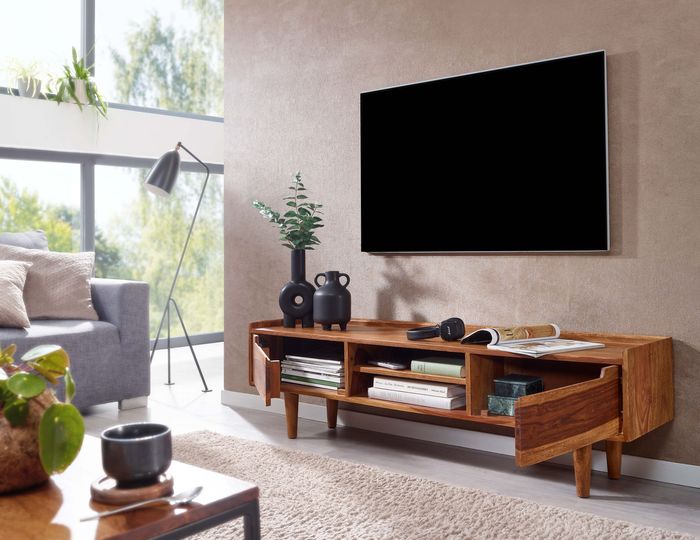 FineBuy Lowboard Sheesham Massivholz 145x43x35 cm TV-Kommode mit zwei Türen, Design TV-Schrank Hoch, Fernsehtisch Fernsehschrank Modern, Fernsehkommode Wohnzimmer 4251757710353
