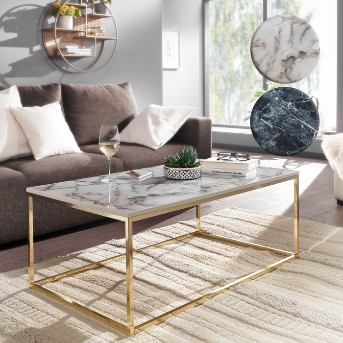 FineBuy Couchtisch 100x60x40 cm mit Marmor Optik, Wohnzimmertisch mit Metall-Gestell, Sofatisch Eckig Tisch Wohnzimmer, Beistelltisch