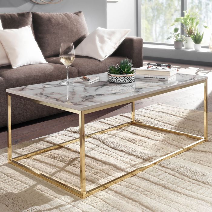 Couchtisch 100cm rechteckig Marmor Optik Metallgestell Wohnzimmertisch