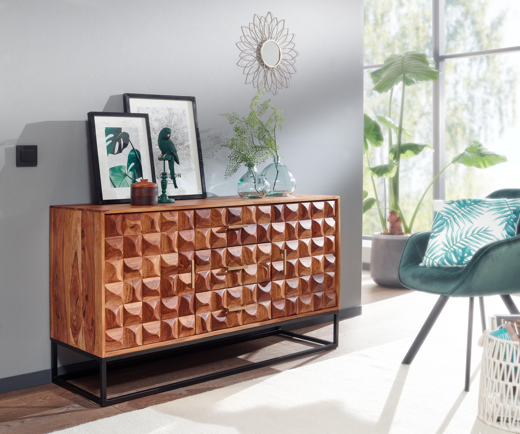 Massivholz Sideboard 145cm Sheesham Kommode mit 2 Türen & 3 Schubladen Retro 3D Design – Ansicht 7