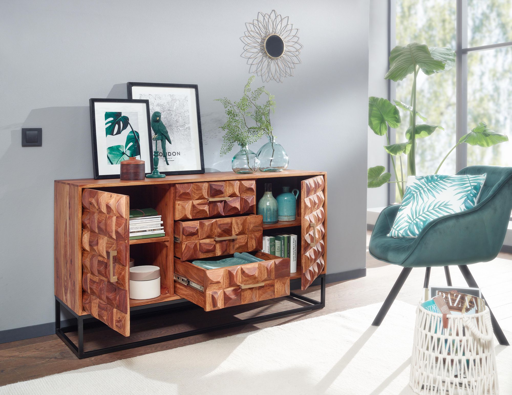 Massivholz Sideboard 145cm Sheesham Kommode mit 2 Türen & 3 Schubladen Retro 3D Design – Ansicht 2