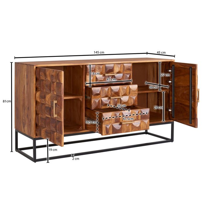 Massivholz Sideboard 145cm Sheesham Kommode mit 2 Türen & 3 Schubladen Retro 3D Design – Maßzeichnung