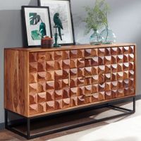 Massivholz Sideboard 145cm Sheesham Kommode mit 2 Türen & 3 Schubladen Retro 3D Design – Ansicht 1