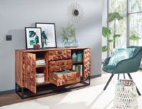 Massivholz Sideboard 145cm Sheesham Kommode mit 2 Türen & 3 Schubladen Retro 3D Design – Ansicht 2