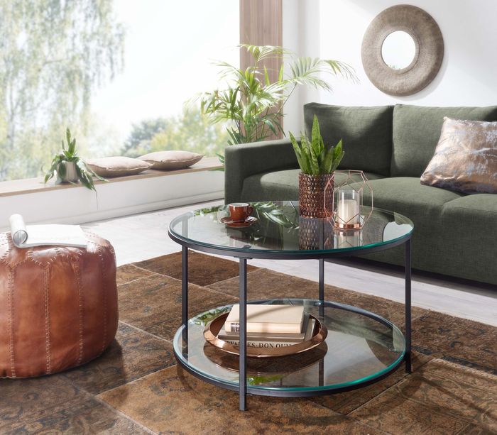 FineBuy Couchtisch 80x80x45 cm Glas / Metall Wohnzimmertisch Rund Modern, Sofatisch mit Stauraum, Loungetisch mit Ablagefach, Kaffeetisch Beistelltisch 4251757710469