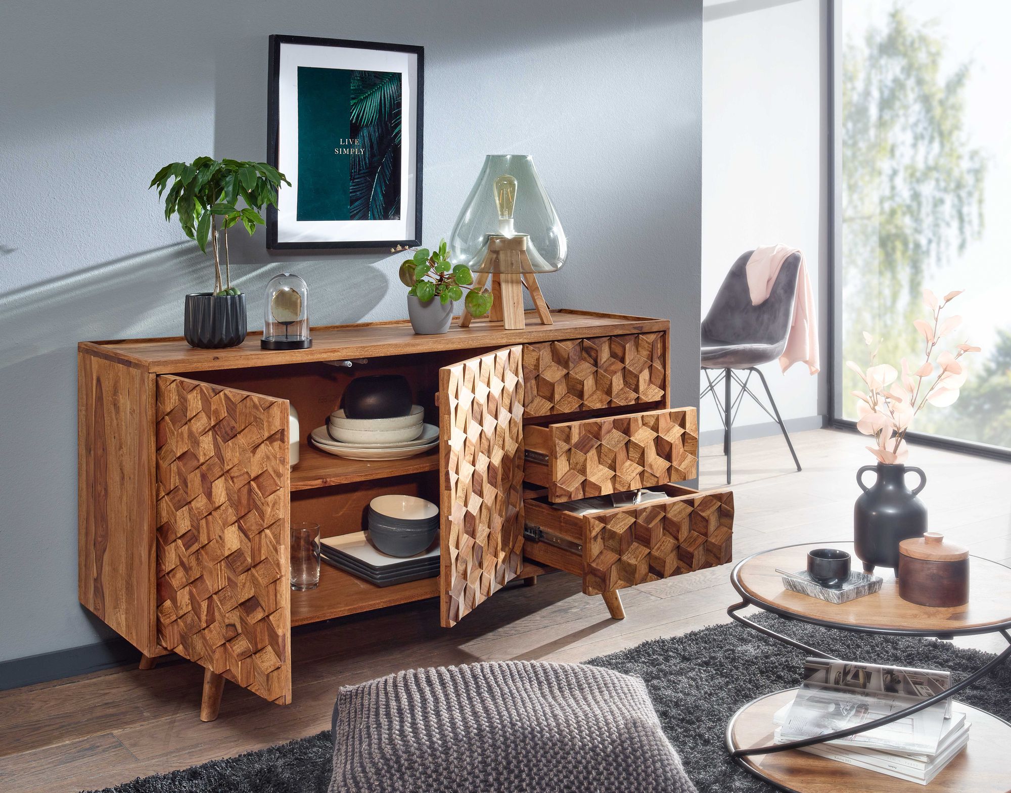Massivholz Sideboard 140cm Sheesham Natur Kommode mit 2 Türen & 3 Schubladen Retro Design – Ansicht 2