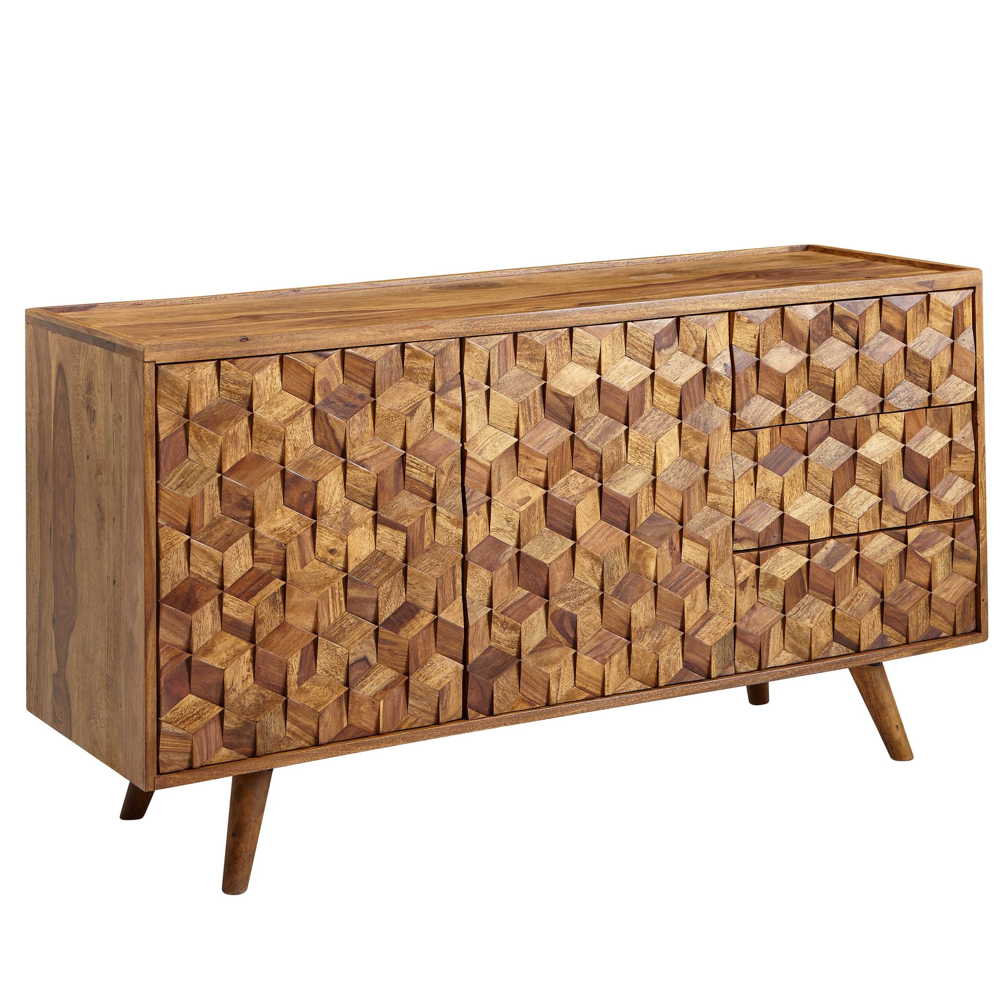 Massivholz Sideboard 140cm Sheesham Natur Kommode mit 2 Türen & 3 Schubladen Retro Design – Ansicht 6
