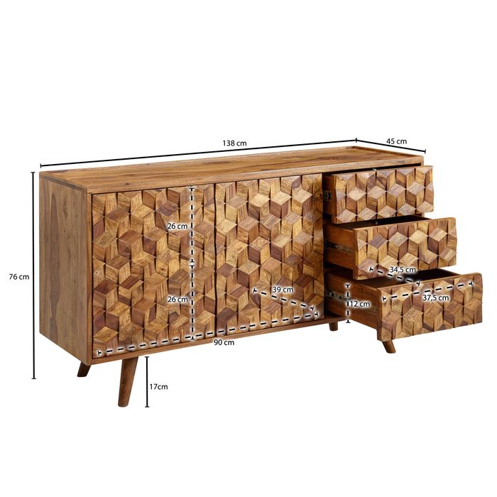 Massivholz Sideboard 140cm Sheesham Natur Kommode mit 2 Türen & 3 Schubladen Retro Design – Maßzeichnung