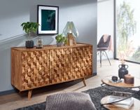 Massivholz Sideboard 140cm Sheesham Natur Kommode mit 2 Türen & 3 Schubladen Retro Design – Ansicht 7